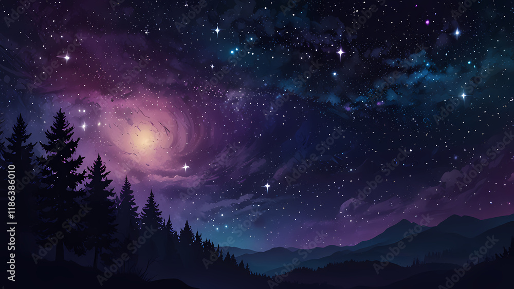 Fototapeta premium A mesmerizing abstract illustration of a starry night sky, featuring glowing stars of varying sizes scattered across a gradient of deep blue and purple hues, with soft swirls of cosmic light
