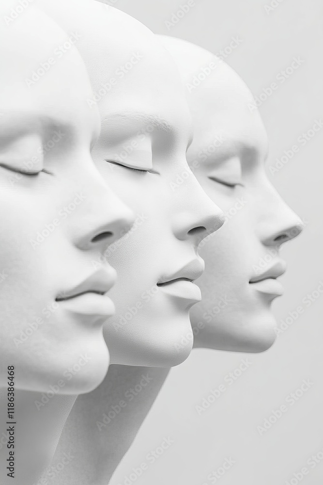 Three White Mannequins in Profile on Clean Background for Minimalist and Chaos Themes Three White Mannequins in Profile on Clean Background for Minimalist and Chaos Themes