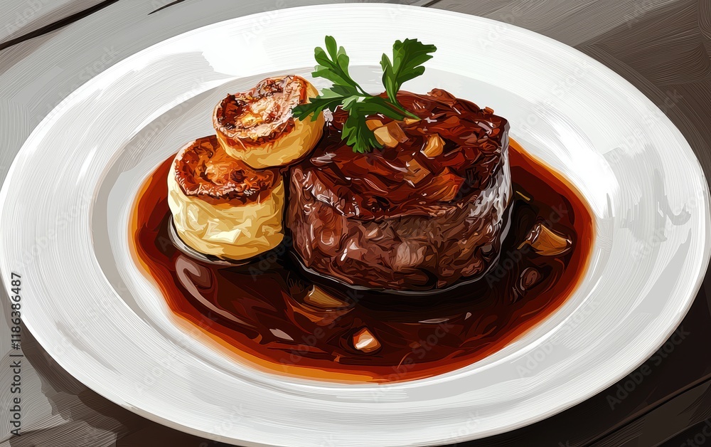 A decadent roast beef dinner with gravy and Yorkshire pudding on a clean white plate A decadent roast beef dinner with gravy and Yorkshire pudding on a clean white plate