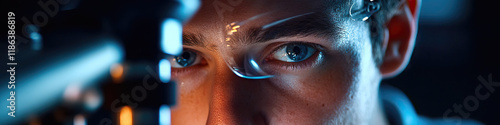 Close-up of Person with Safety Glasses Observing Equipment photo