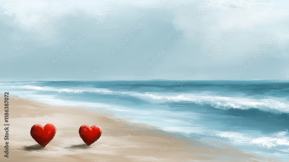 Romantic Beach Scene with Red Hearts on Sandy Shore and Gentle Ocean Waves in Background Romantic Beach Scene with Red Hearts on Sandy Shore and Gentle Ocean Waves in Background