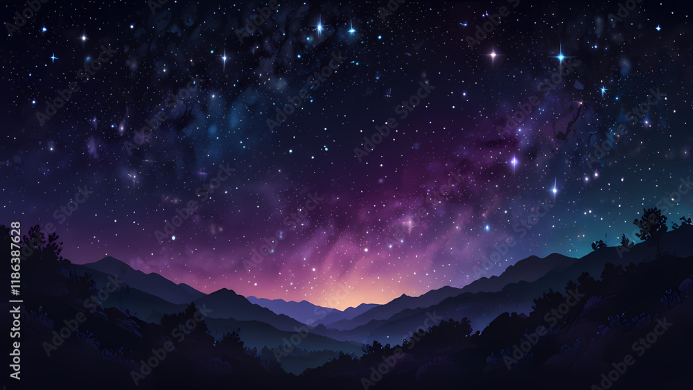 Naklejka premium A mesmerizing abstract illustration of a starry night sky, featuring glowing stars of varying sizes scattered across a gradient of deep blue and purple hues, with soft swirls of cosmic light