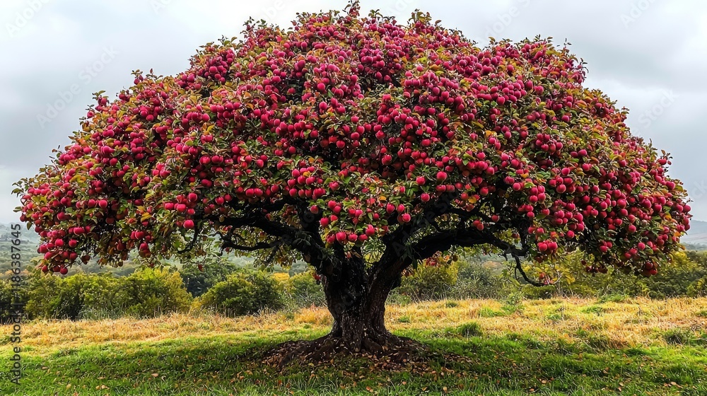 Fototapeta premium A large, full, red apple tree laden with fruit stands alone in a grassy field under a cloudy sky.