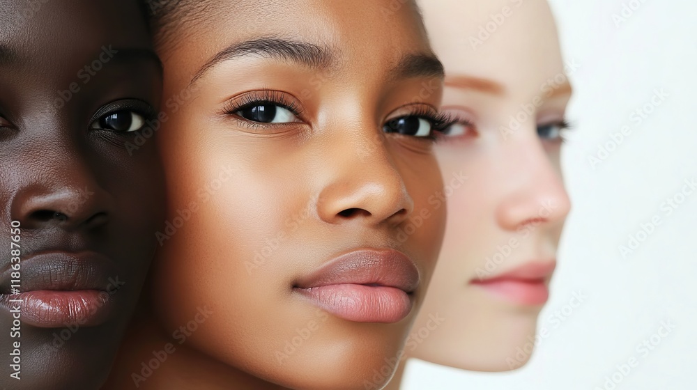 Diverse close-up of young individuals with distinct skin tones highlighting beauty and harmony Diverse close-up of young individuals with distinct skin tones highlighting beauty and harmony
