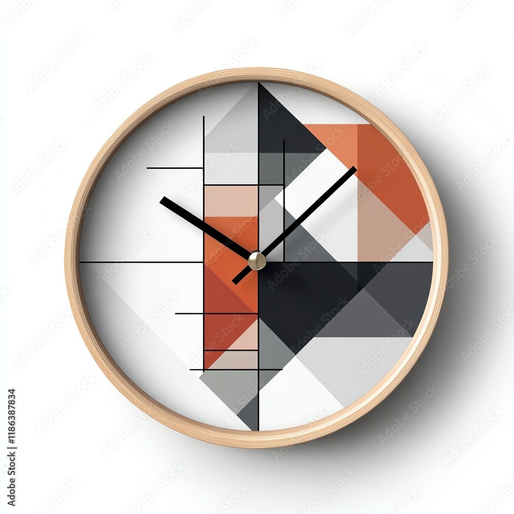 Modern wall clock design with geometric patterns and wooden frame, white isolated background. Modern wall clock design with geometric patterns and wooden frame, white isolated background.
