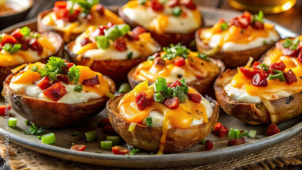 Crispy bacon, melted cheese explodes from golden potato skins. Macro photography captures the delicious detail. Crispy bacon, melted cheese explodes from golden potato skins. Macro photography captures the delicious detail.