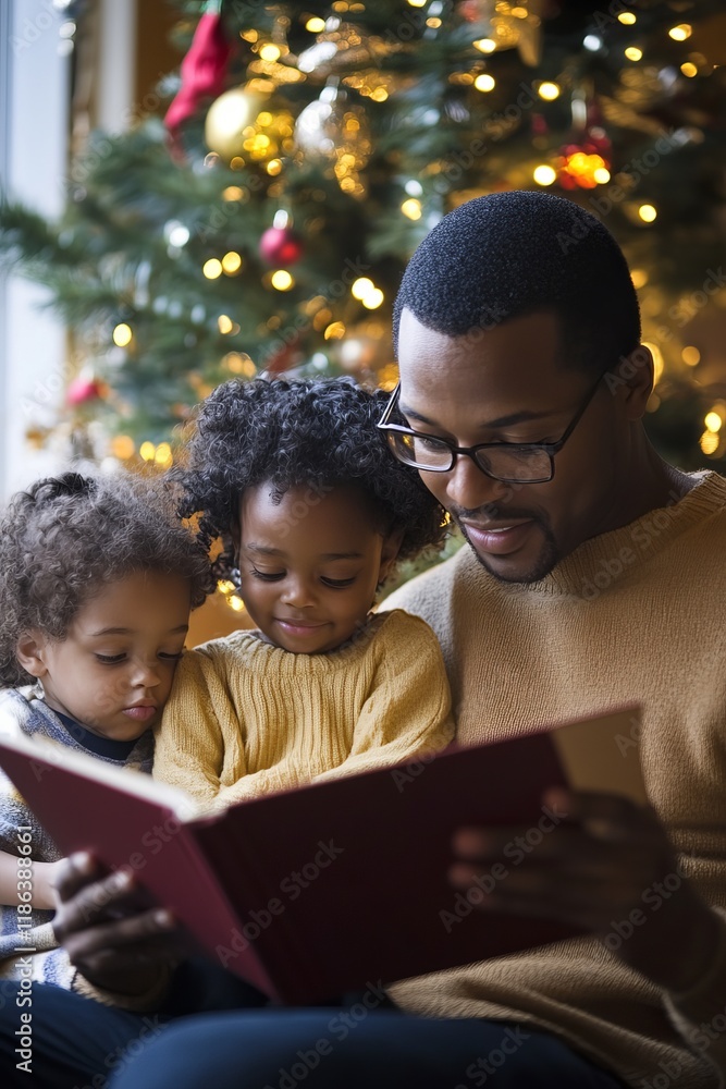 Black Single Dad Reading Storybook to His Children by Christmas Tree with Festive Decorations Black Single Dad Reading Storybook to His Children by Christmas Tree with Festive Decorations