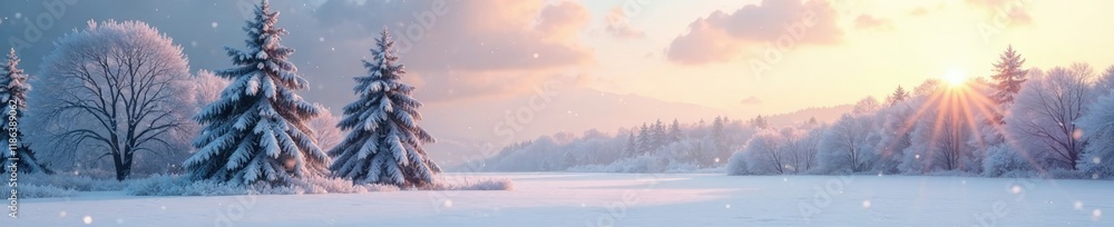 Fototapeta premium Frosty morning landscape with snow-covered trees and a few flakes falling gently from the sky, frosty morning, winter, snow