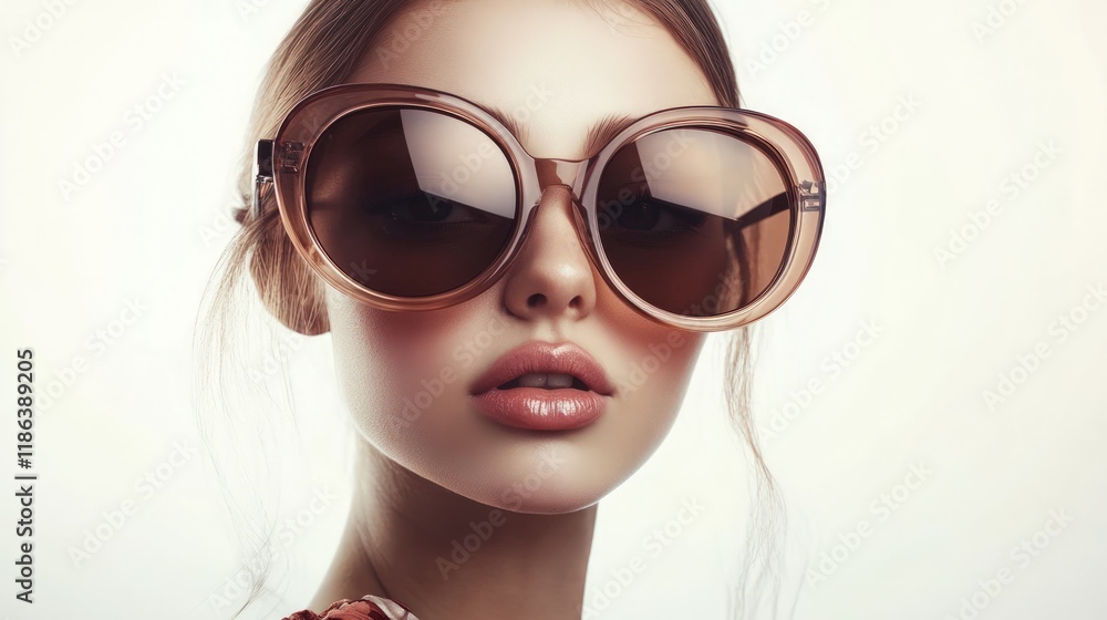 Naklejka premium Close-up of a girl wearing oversized sunglasses, stylish expression, solid white background
