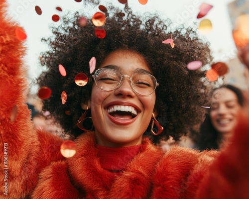 Joyful Friends Celebrating Together on National Get Over It Day, Embracing Positivity and Happiness with Colorful Confetti in Outdoors Setting photo