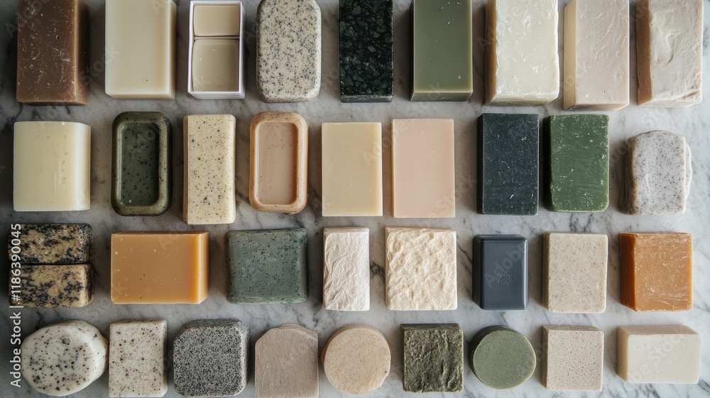 Fototapeta premium Daily essentials showcase featuring soap, shampoo bars, and deodorant in plastic-free packaging