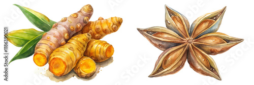 Fresh turmeric roots, vibrant yellow color, star anise spice, botanical illustration, organic ingredients, culinary uses.