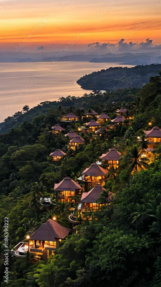 Scenic hillside resort illuminates the landscape at dusk near the tranquil coastline Scenic hillside resort illuminates the landscape at dusk near the tranquil coastline
