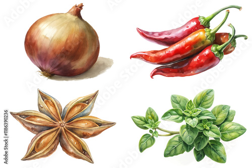 Fresh vegetables, vibrant colors, culinary herbs, watercolor style, cooking ingredients, healthy food, organic produce.