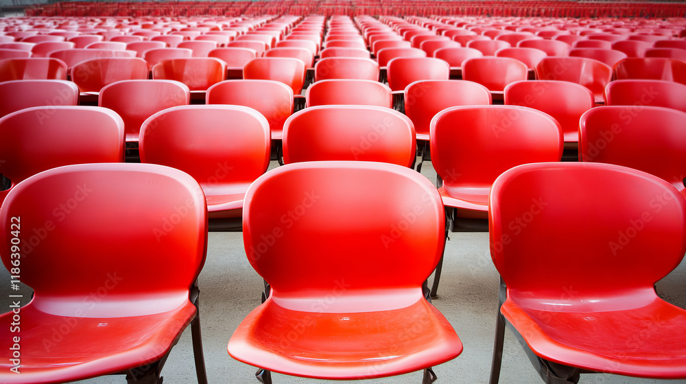 Fototapeta premium Vibrant Red Stadium Seats Ready to be Filled with Fans in an Exciting Event Atmosphere