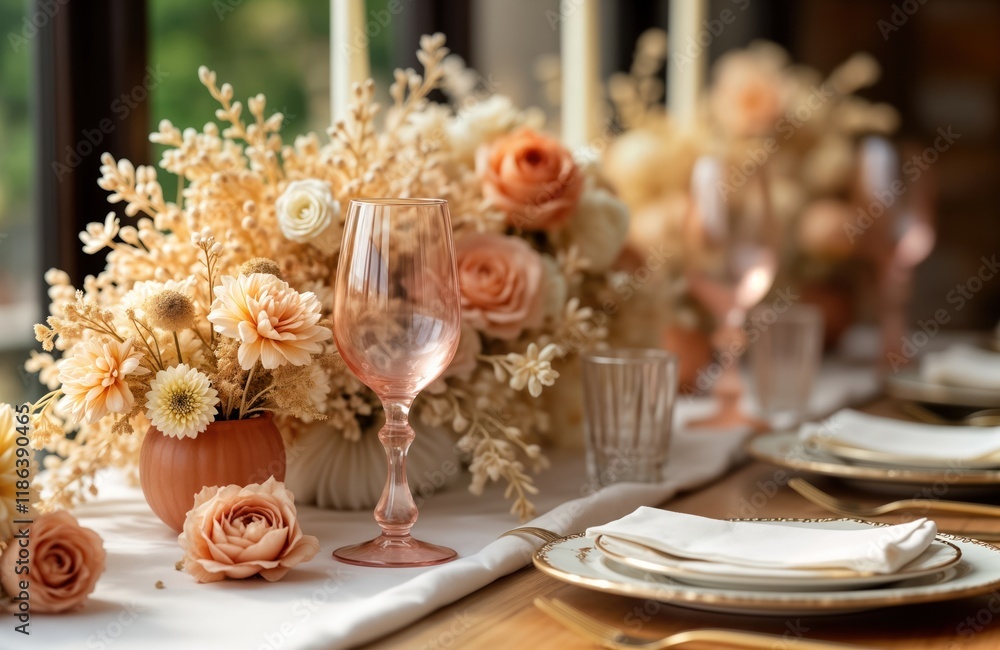Elegant wedding reception setting with decorative floral arrangements. Soft peach, beige tones create romantic ambiance. Table set with fine china plates, glasses. Beautiful centerpiece features Elegant wedding reception setting with decorative floral arrangements. Soft peach, beige tones create romantic ambiance. Table set with fine china plates, glasses. Beautiful centerpiece features