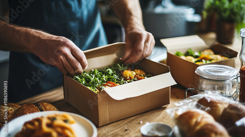 Hands Sealing Meal Box for Food Delivery with Fresh Ingredients in Natural Kitchen Setting photo