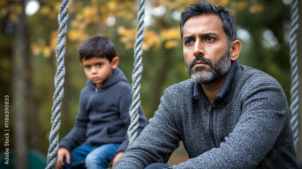Obraz premium South Asian Single Dad Contemplating Life While Sitting in Playground with Son on Swing