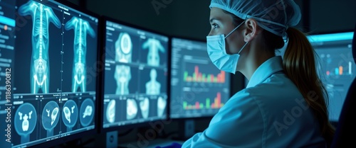 Medical professional meticulously reviews clinical trial data displayed on multiple computer screens. Focused on images, charts related to health studies. Analyzing results in lab setting. Researcher photo