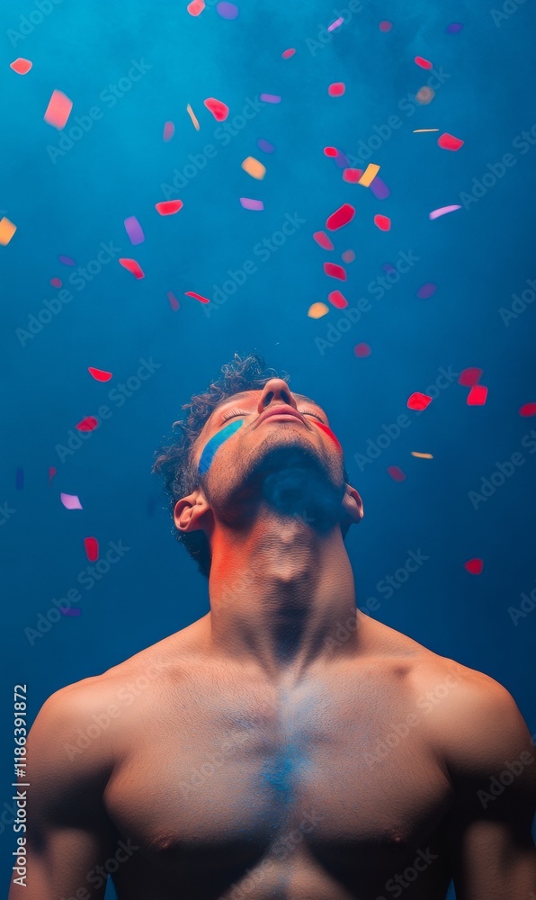 Shirtless Male Performer at Purim Festival, Energy and Strength at Purim Event, Suitable for Carnival and Mardi Gras Shirtless Male Performer at Purim Festival, Energy and Strength at Purim Event, Suitable for Carnival and Mardi Gras