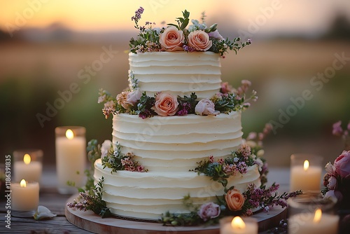 A three-tiered wedding cake adorned with flowers and candles at sunset photo