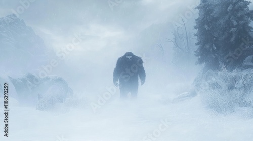 A mysterious yeti trudging through a snowy blizzard, its massive frame blending into the icy wilderness as the wind howls around it, carrying the faint sound of distant footsteps. photo