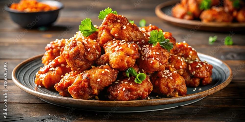 Fototapeta premium Crispy Korean fried chicken, glistening glaze, mouthwatering close-up. High-res food photography.