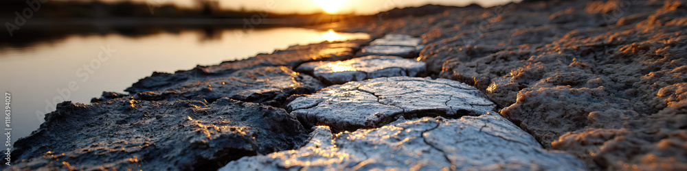 Sunset Shoreline with Cracked Mud and Water Sunset Shoreline with Cracked Mud and Water