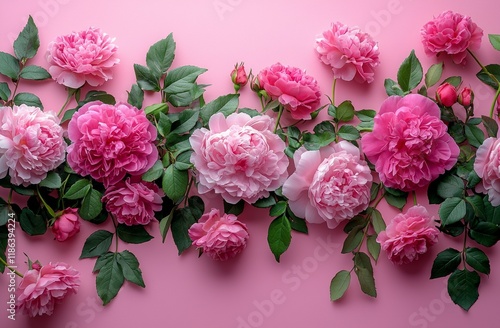Wallpaper Mural Peonies and roses set against a pink backdrop, featuring ample space for text. An abstract floral border encloses space for writing. This romantic, feminine design is perfect for a wedding invitation Torontodigital.ca