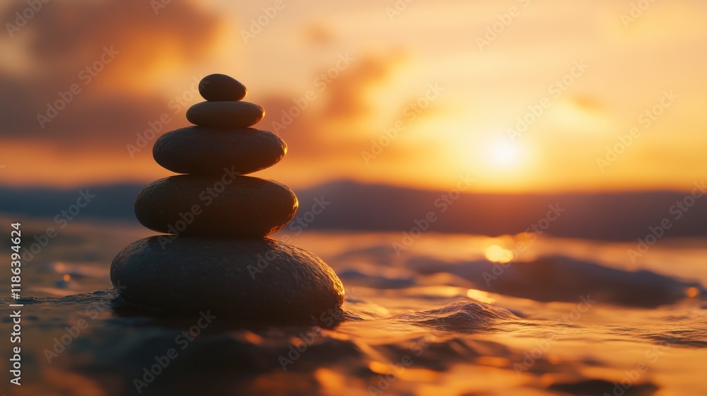 Zen at Sunset: A delicate stone cairn stands tall on the edge of a tranquil beach, bathed in the warm glow of a breathtaking sunset. The serene composition evokes feelings of balance, tranquility. Zen at Sunset: A delicate stone cairn stands tall on the edge of a tranquil beach, bathed in the warm glow of a breathtaking sunset. The serene composition evokes feelings of balance, tranquility.