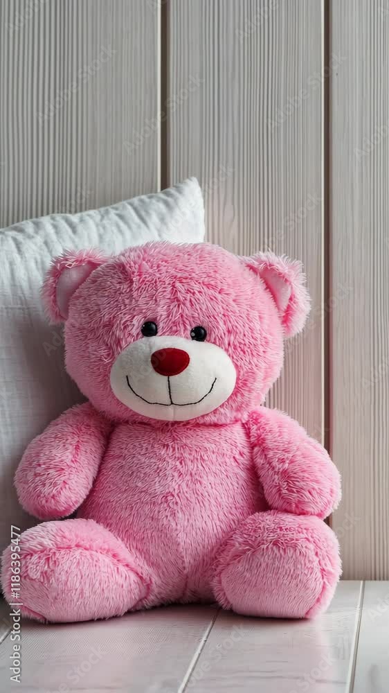 Soft pink teddy bear sitting comfortably next to a fluffy white pillow against a light wooden background Soft pink teddy bear sitting comfortably next to a fluffy white pillow against a light wooden background