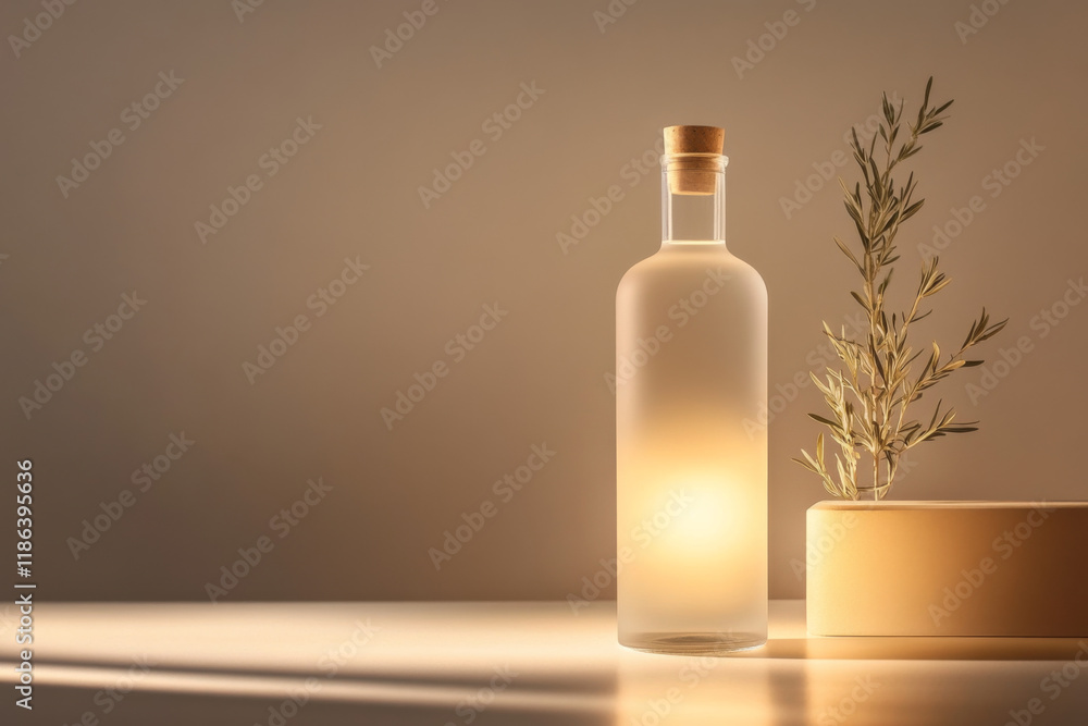 Minimalistic Light Set Showcasing a Softly Glowing Bottle and a Potted Plant on a Serene Tabletop Minimalistic Light Set Showcasing a Softly Glowing Bottle and a Potted Plant on a Serene Tabletop