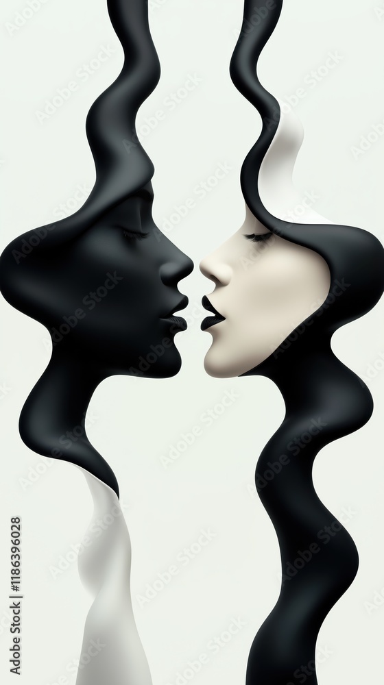 Fototapeta premium Abstract image of two faces merging together with flowing black and white shapes, symbolizing connection or unity