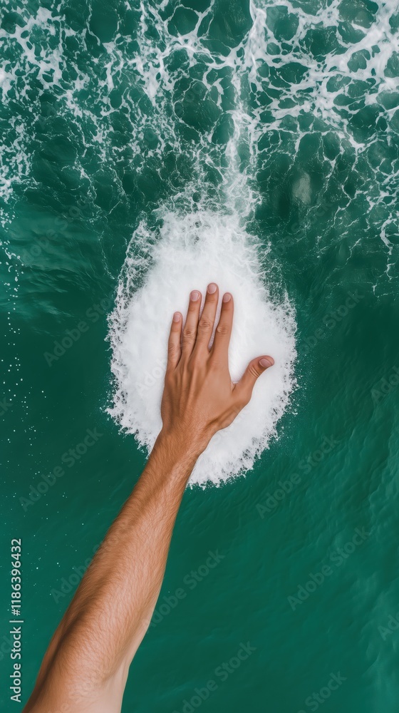 Aerial view of a hand reaching out into turquoise water, creating a splash, with the focus on the interaction between human and nature Aerial view of a hand reaching out into turquoise water, creating a splash, with the focus on the interaction between human and nature