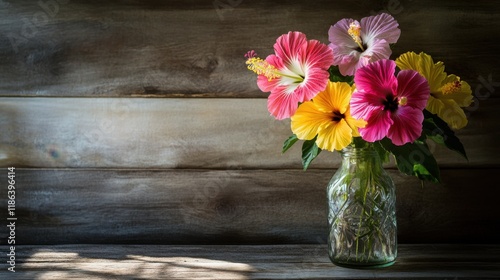 Wallpaper Mural Vibrant Hibiscus Flowers in a Glass Jar on Rustic Wooden Surface Torontodigital.ca