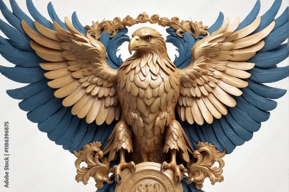 Fototapeta premium Golden eagle statue with blue wings, ornate frame.