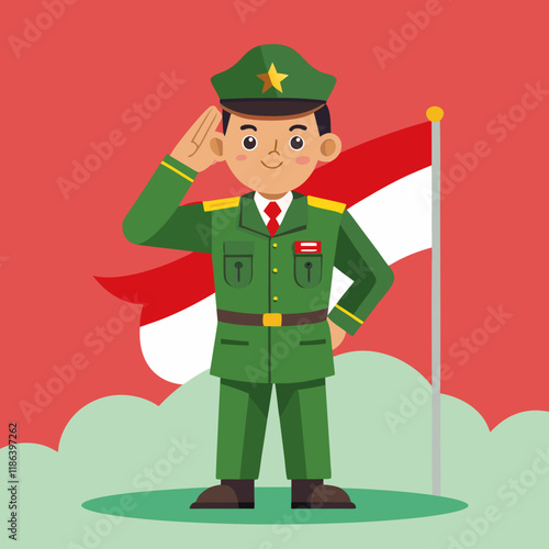 Indonesian hero wearing green army uniforms standing straight and saluting the red and white flag