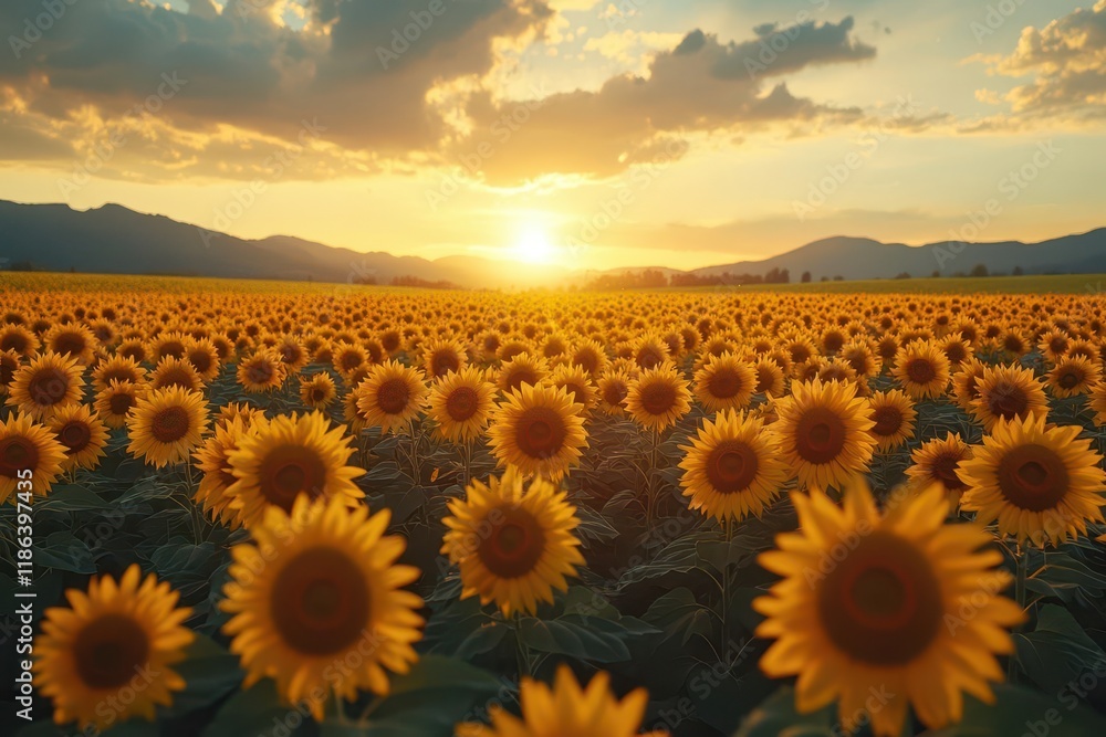 Obraz premium expansive golden sunflower field stretching to horizon under dramatic sunset sky with warm light filtering through delicate yellow petals