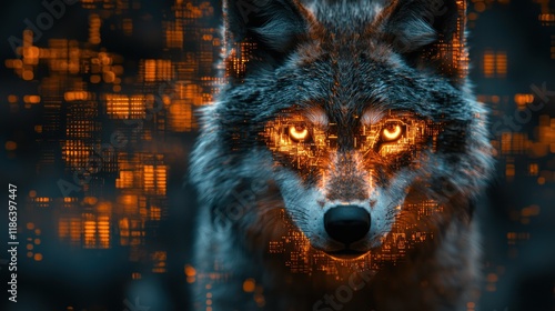 A digitally enhanced wolf with glowing eyes. photo