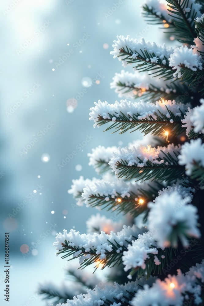 Snowflakes fall gently on a white Christmas tree, white, serene Snowflakes fall gently on a white Christmas tree, white, serene