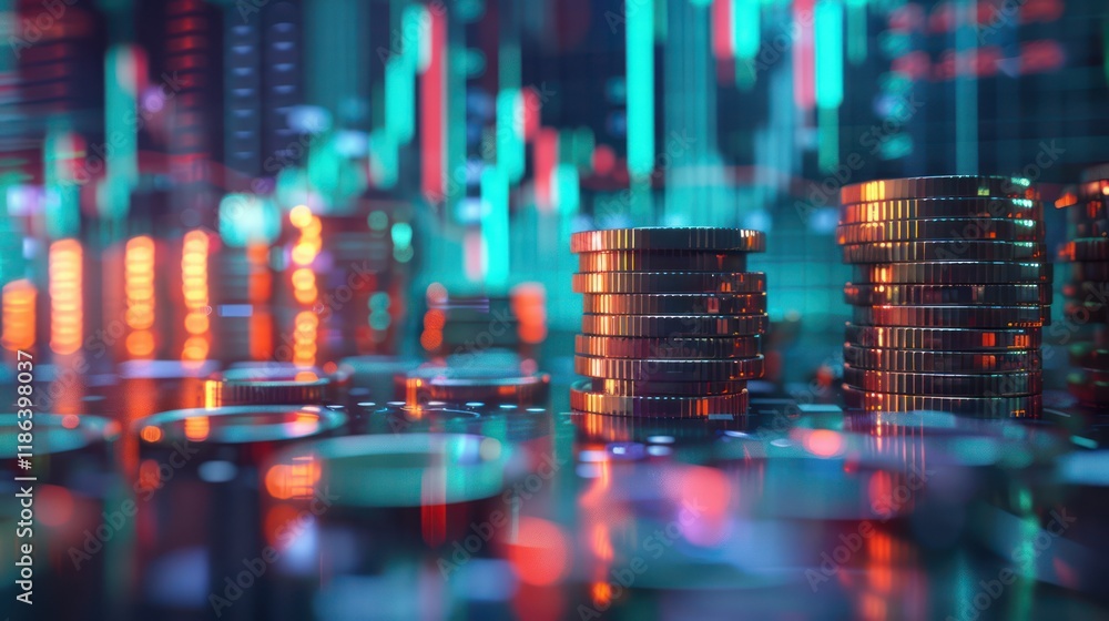 High-tech financial space with 3D charts, coins, cash, stock tickers, exchange rates, and a futuristic design symbolizing wealth High-tech financial space with 3D charts, coins, cash, stock tickers, exchange rates, and a futuristic design symbolizing wealth