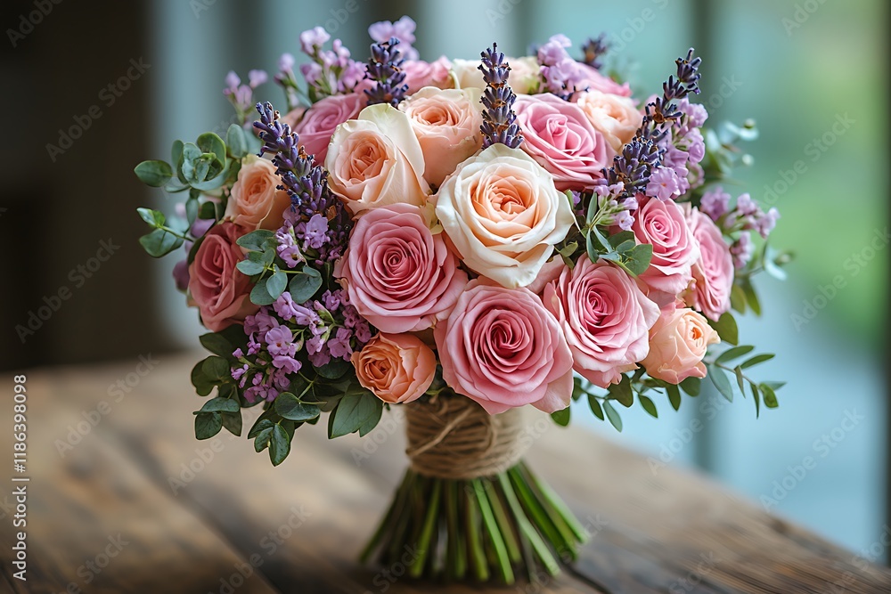 Fototapeta premium A beautiful bouquet of pink roses and lavender tied with twine