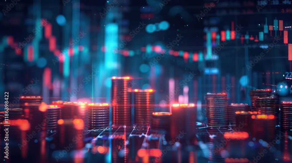 High-tech financial space with 3D charts, coins, cash, stock tickers, exchange rates, and a futuristic design symbolizing wealth High-tech financial space with 3D charts, coins, cash, stock tickers, exchange rates, and a futuristic design symbolizing wealth