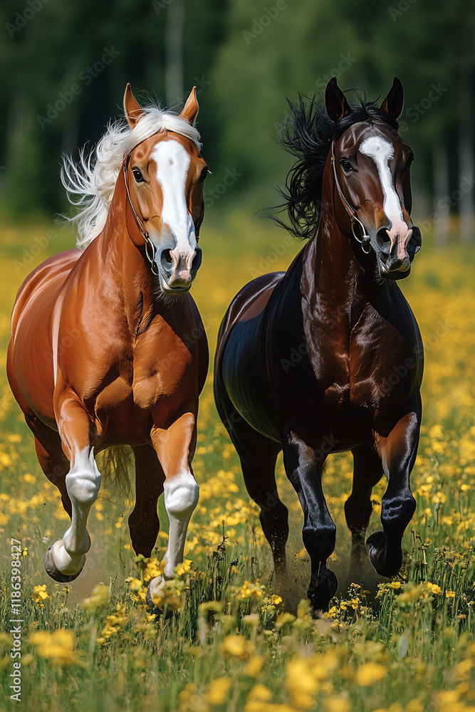 Obraz premium Majestic Run: Two magnificent horses, a chestnut and a dark bay, gallop freely across a vibrant yellow meadow, their manes flowing in the wind. A breathtaking display of equine grace and freedom.
