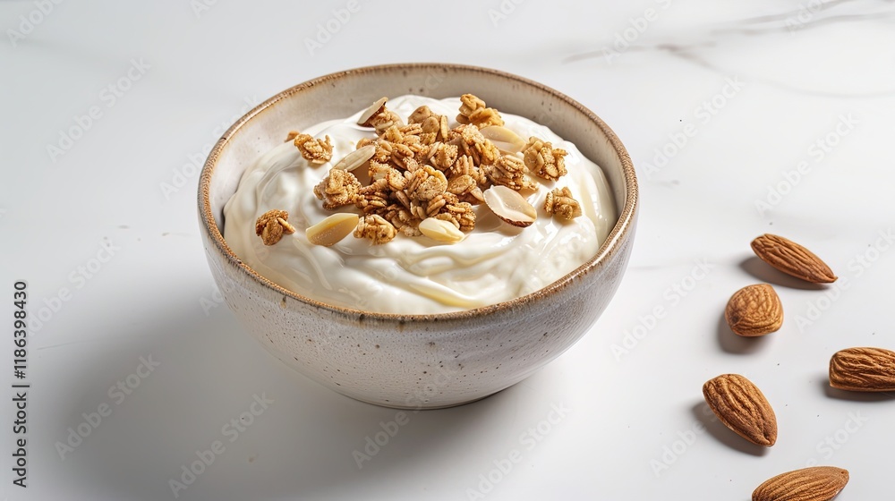 Creamy Vanilla Yogurt Topped With Crunchy Granola and Almonds Presented in a Rustic Ceramic Bowl on a Marble Surface Creamy Vanilla Yogurt Topped With Crunchy Granola and Almonds Presented in a Rustic Ceramic Bowl on a Marble Surface