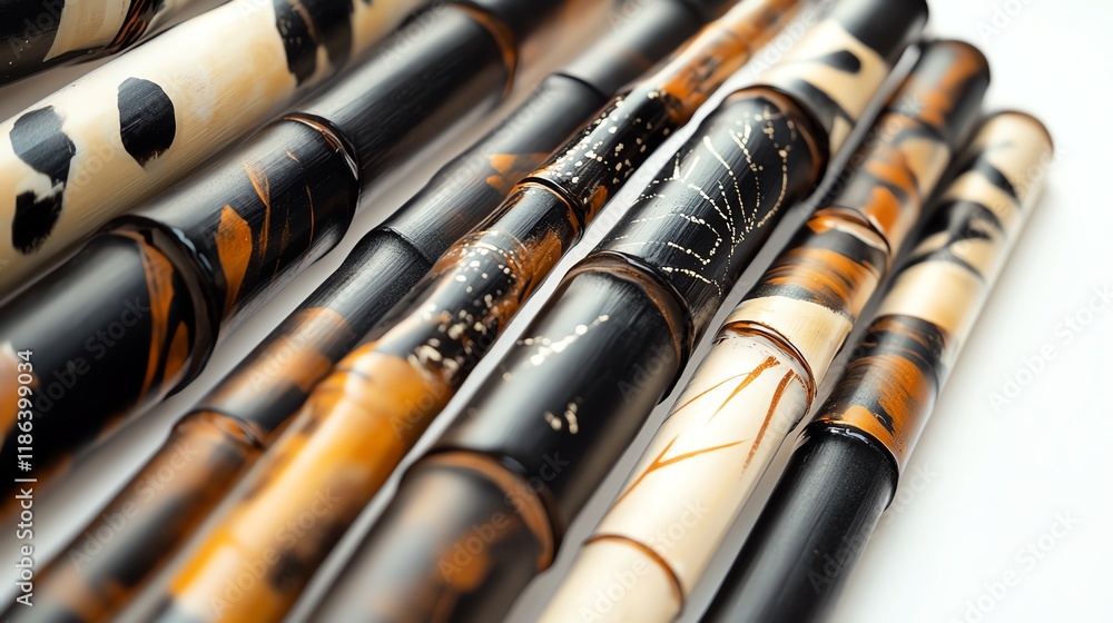 Bamboo flutes arranged, intricately crafted, white isolated background. Bamboo flutes arranged, intricately crafted, white isolated background.