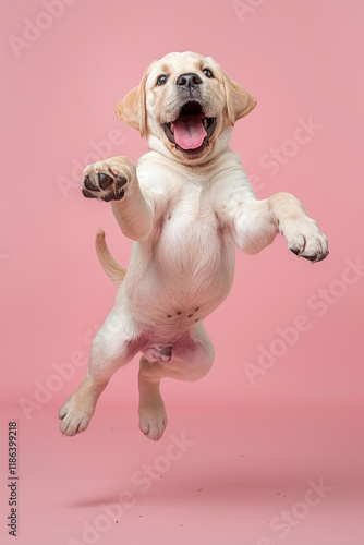 Labrador Retriever dog Jumping and playing, studio lighting, isolated on pastel background, stock photographic style