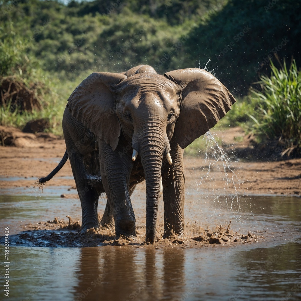 Fototapeta premium A young elephant spraying water joyfully in a muddy river.