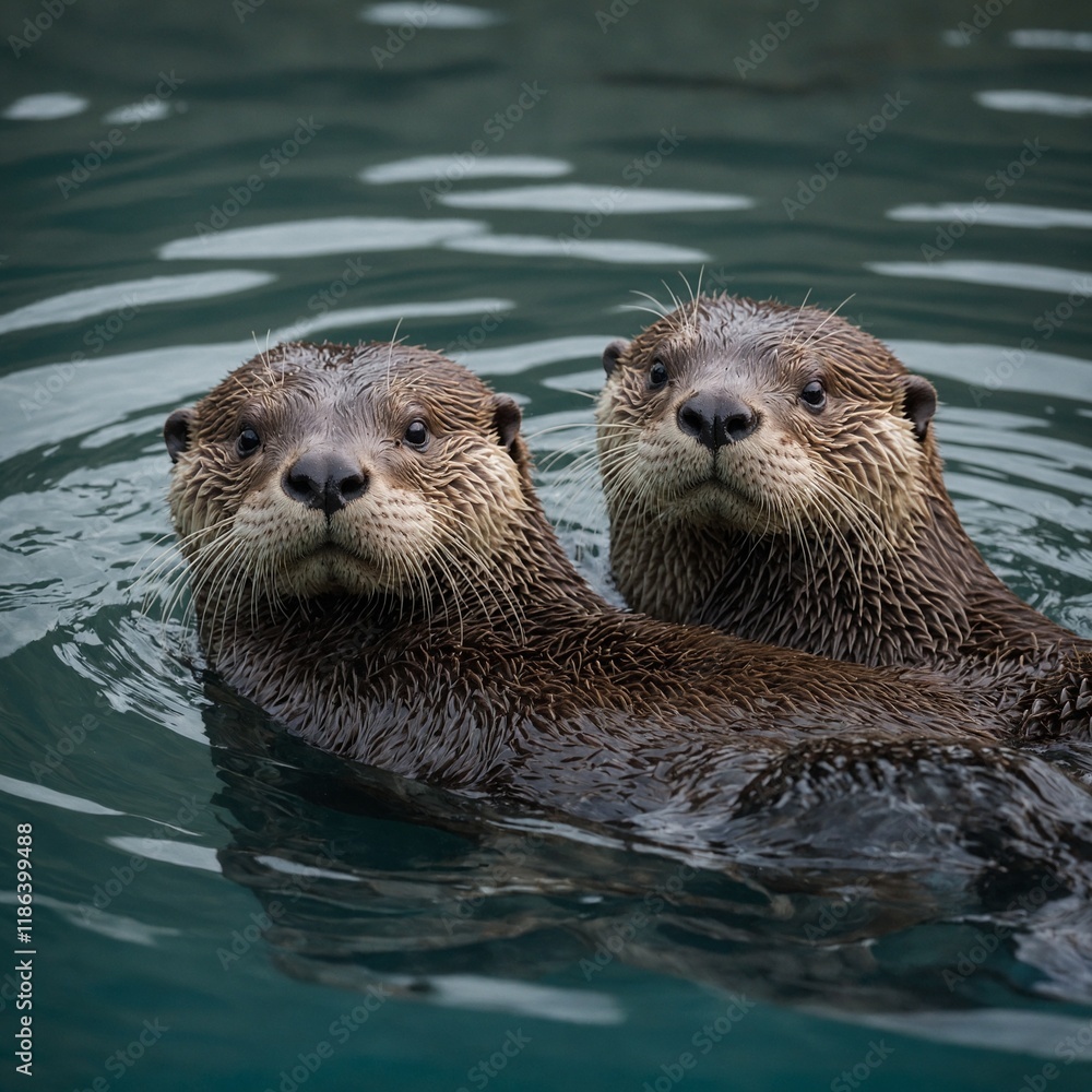 A pair of otters holding hands as they float in a tranquil bay. A pair of otters holding hands as they float in a tranquil bay.