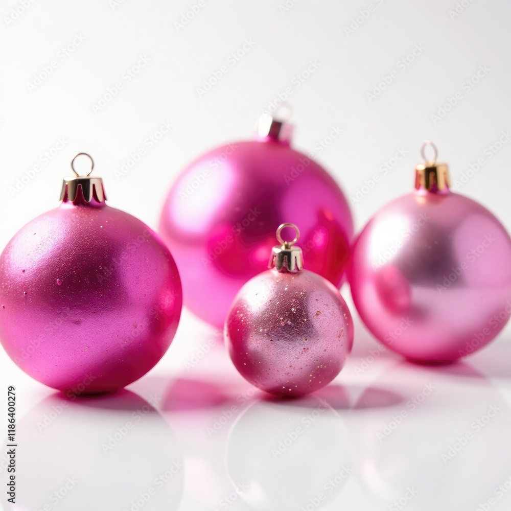 Sparkling pink baubles adorn a white isolated surface, emitting gentle light, sparkle, white Sparkling pink baubles adorn a white isolated surface, emitting gentle light, sparkle, white